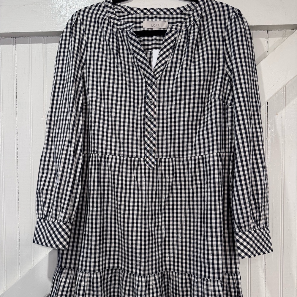 LOFT Black & Cream Gingham Tiered Mini Dress- size large - Picture 2 of 9